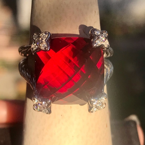 David Yurman S Silver Cushion On Point 14mm Garnet Red & Diamond Ring Sz 6.75 - Picture 3 of 13